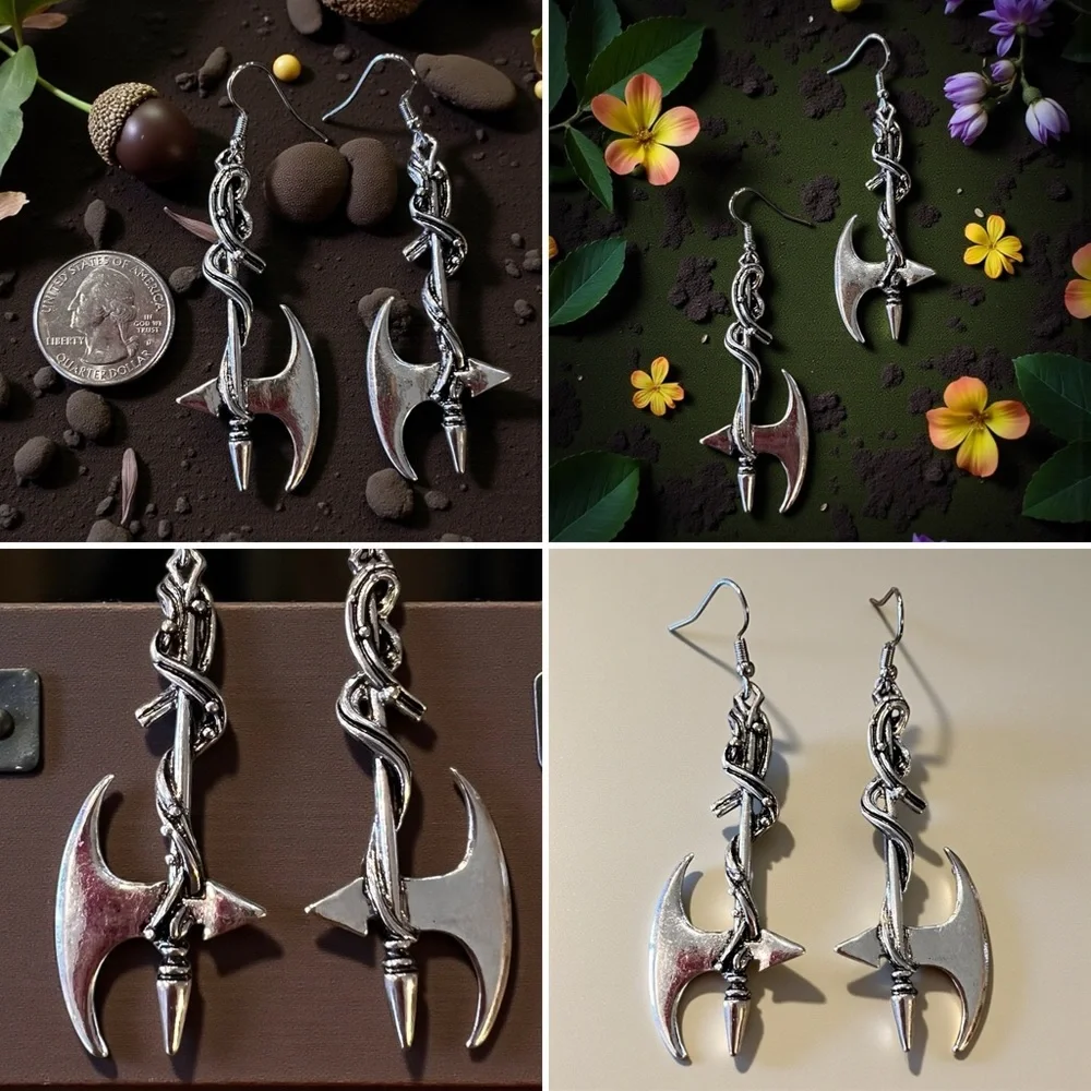 Silver Toned Battle Axe Earrings